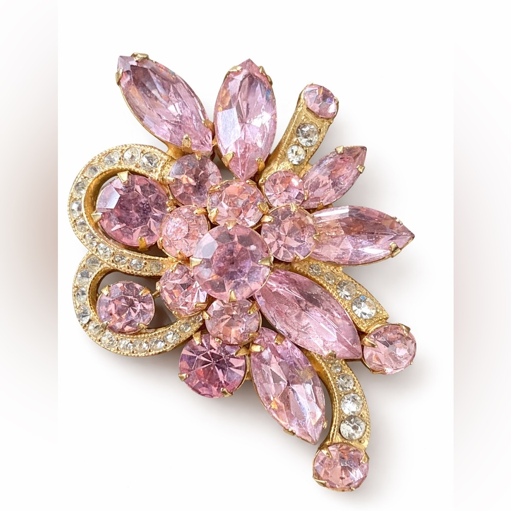 Signed Eisenberg Ice Pink Rhinestone Floral Swirl Brooch Vintage Glam